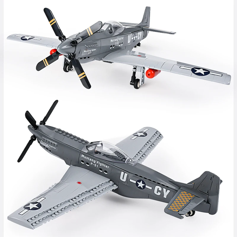 Military WWII Plane P51 Mustang Fighter Building Blocks North American Attack F16 Weapon War Vehicle Bricks Toys For Children