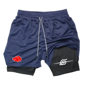Men Anime Double Layer Shorts Gym Workout Printed Sports Multi-Performance Training Quick-Drying Jogging Pants Towel Pants M-3XL