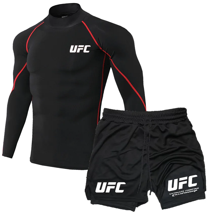 UFC Lightweight Breathable Fitness T-shirt Shorts Training High Collar Tight Long Sleeve Men's Running Sports Top Pants Set - Image 2