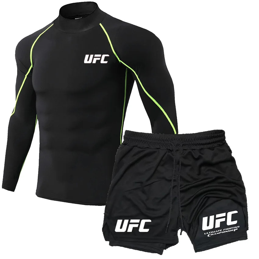 UFC Lightweight Breathable Fitness T-shirt Shorts Training High Collar Tight Long Sleeve Men's Running Sports Top Pants Set - Image 5