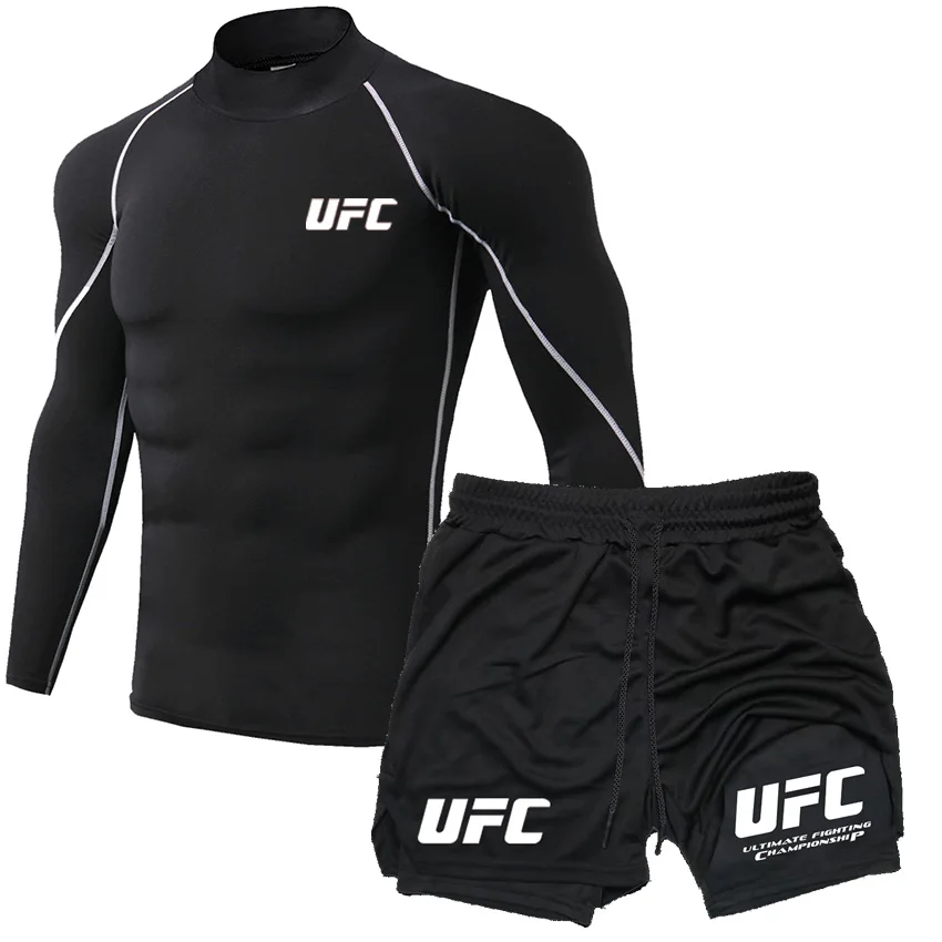 UFC Lightweight Breathable Fitness T-shirt Shorts Training High Collar Tight Long Sleeve Men's Running Sports Top Pants Set - Image 6