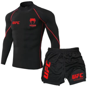 2025 Men's Breathable UFC Long Sleeve+Double Layer Pants Sports Pants Outdoor Running Fitness Training T-shirt Pants
