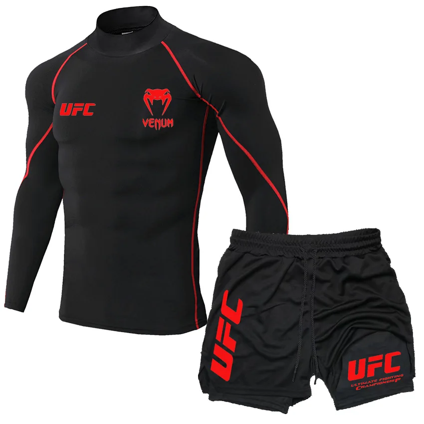 2025 Men's Breathable UFC Long Sleeve+Double Layer Pants Sports Pants Outdoor Running Fitness Training T-shirt Pants