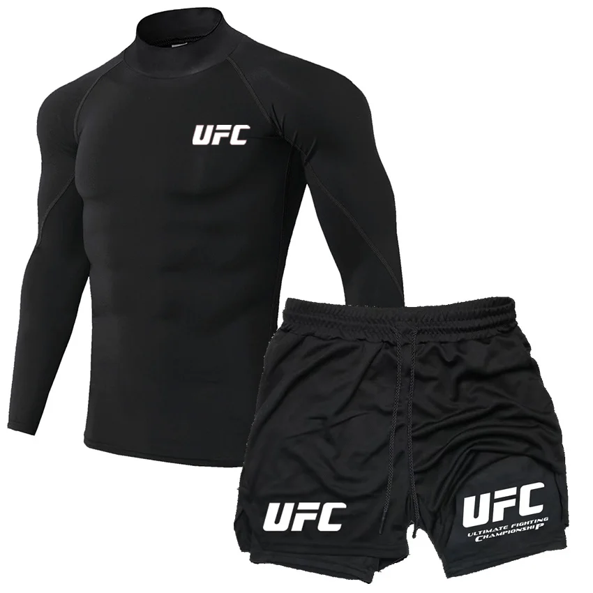 UFC Lightweight Breathable Fitness T-shirt Shorts Training High Collar Tight Long Sleeve Men's Running Sports Top Pants Set - Image 3