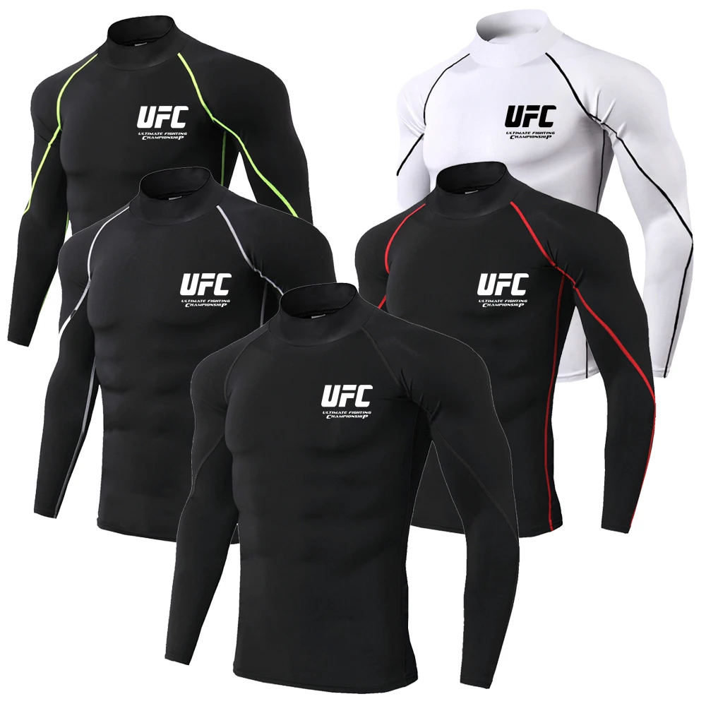 UFC Lightweight Breathable Fitness T-shirt Shorts Training High Collar Tight Long Sleeve Men's Running Sports Top Pants Set