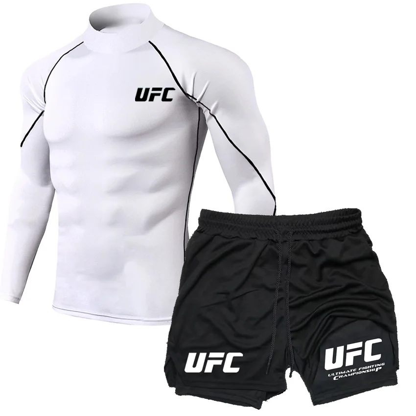 UFC Lightweight Breathable Fitness T-shirt Shorts Training High Collar Tight Long Sleeve Men's Running Sports Top Pants Set - Image 4